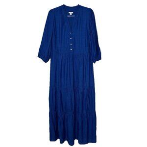 J‎ Jill Ruffled Neck Tiered Maxi Dress M Tall Puff Sleeve Boho Blue
